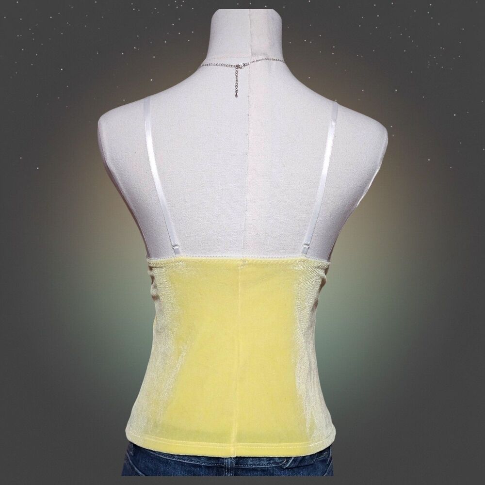 Vintage Yellow Velour Lace Floral Rosette Cami Tank Top Y2K Made in USA Small - Picture 3 of 4